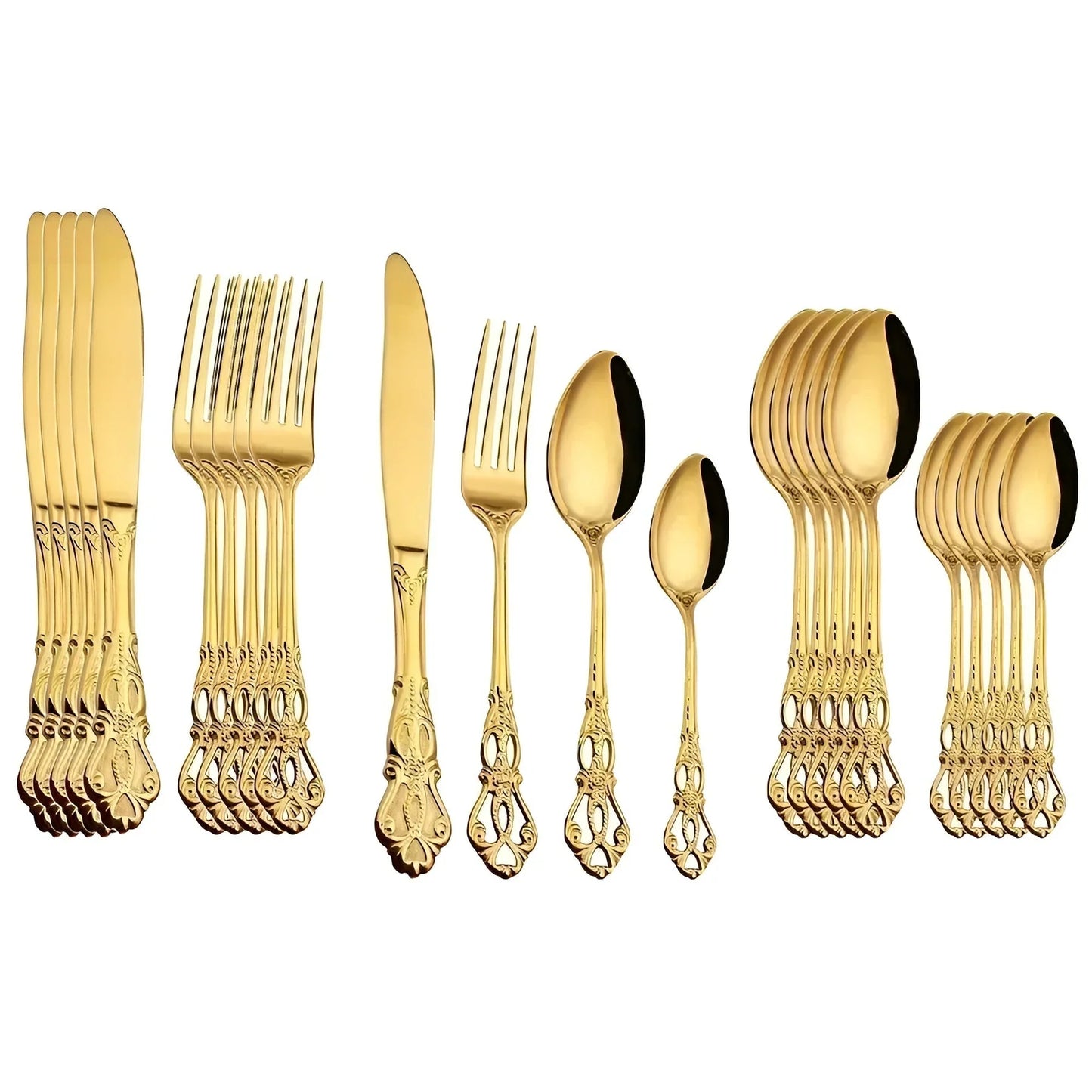24-Piece Gold Cutlery Set with Elegant Engraving – Luxury Stainless Steel Flatware for 6 People