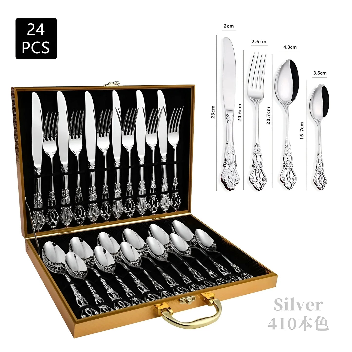 24-Piece Gold Cutlery Set with Elegant Engraving – Luxury Stainless Steel Flatware for 6 People