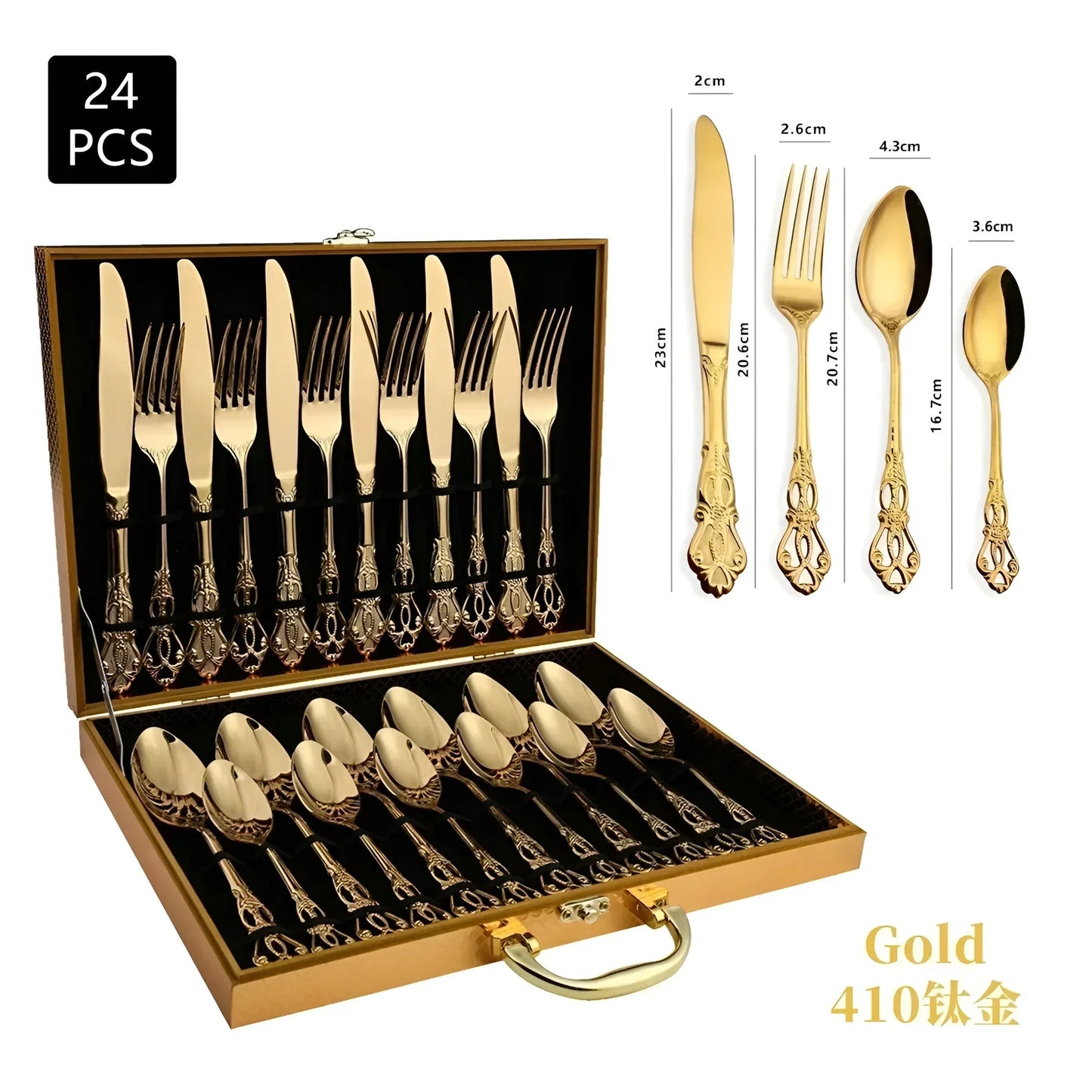 24-Piece Gold Cutlery Set with Elegant Engraving – Luxury Stainless Steel Flatware for 6 People