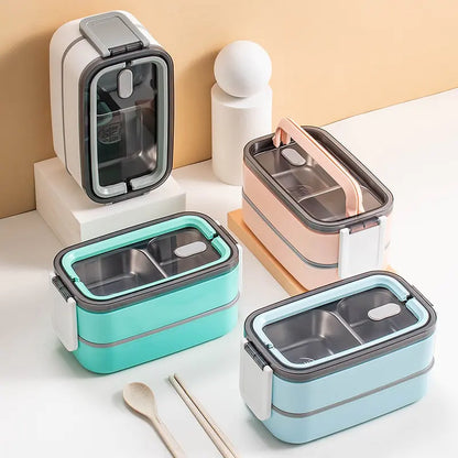 2-Layer Stainless Steel Bento Lunch Box with Locking Lid – Perfect for Meals on the Go