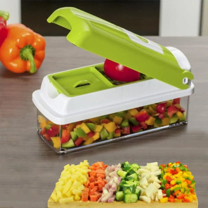 12-in-1 Multifunctional Vegetable Cutter with Interchangeable Blades and Collection Container for Fast Food Preparation