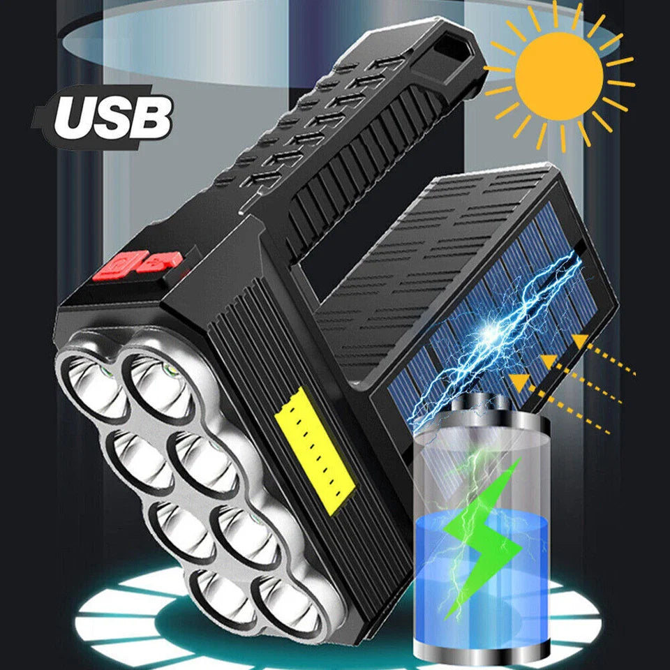 Power LED Flashlight with Solar Charging – Waterproof Handheld Spotlight with 10,000 m Range and Large Lithium Battery