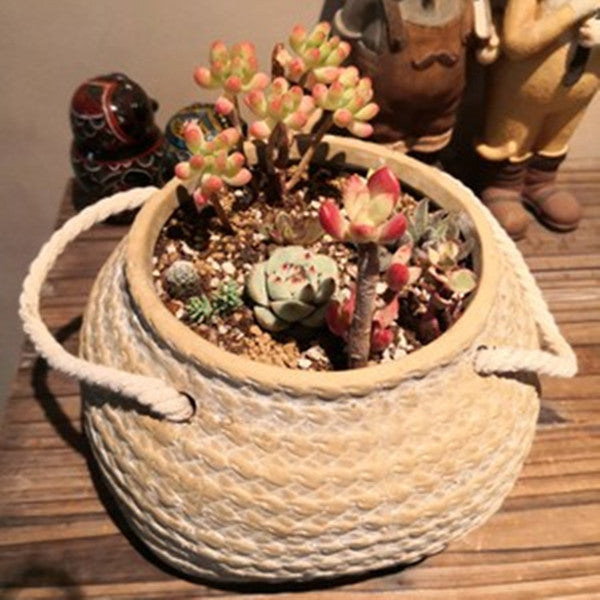 Ceramic Plant Pot In Hemp Bag Design With Rope Handles – Decorative Flower Pot For Garden, Balcony, And Home
