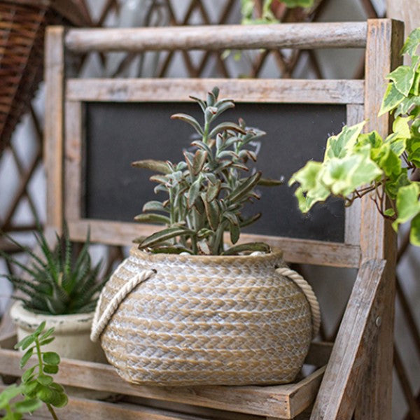 Ceramic Plant Pot In Hemp Bag Design With Rope Handles – Decorative Flower Pot For Garden, Balcony, And Home